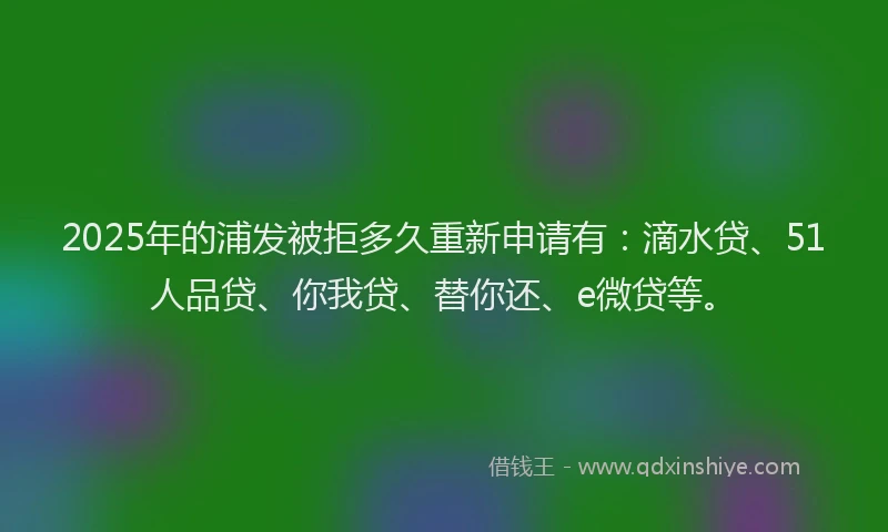 2025年的浦发被拒多久重新申请有：滴水贷、51人品贷、你我贷、替你还、e微贷等。