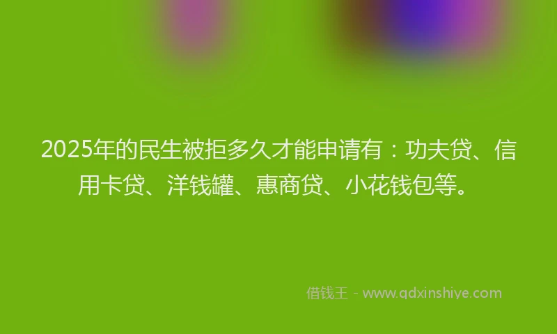 2025年的民生被拒多久才能申请有：功夫贷、信用卡贷、洋钱罐、惠商贷、小花钱包等。