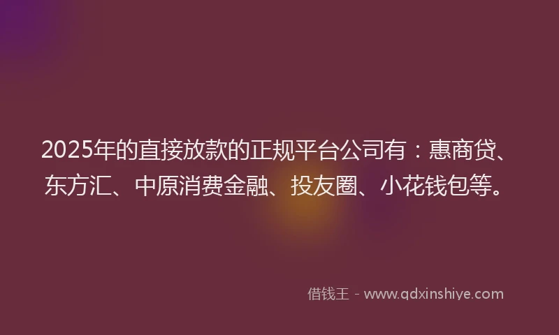 2025年的直接放款的正规平台公司有：惠商贷、东方汇、中原消费金融、投友圈、小花钱包等。