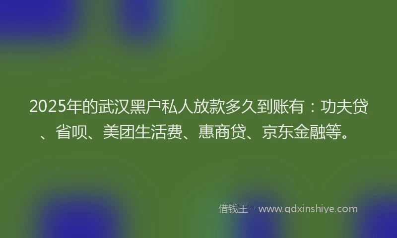 2025年的武汉黑户私人放款多久到账有：功夫贷、省呗、美团生活费、惠商贷、京东金融等。