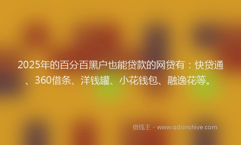 2025年的百分百黑户也能贷款的网贷有：快贷通、360借条、洋钱罐、小花钱包、融逸花等。