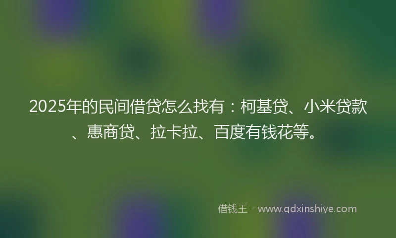 2025年的民间借贷怎么找有：柯基贷、小米贷款、惠商贷、拉卡拉、百度有钱花等。