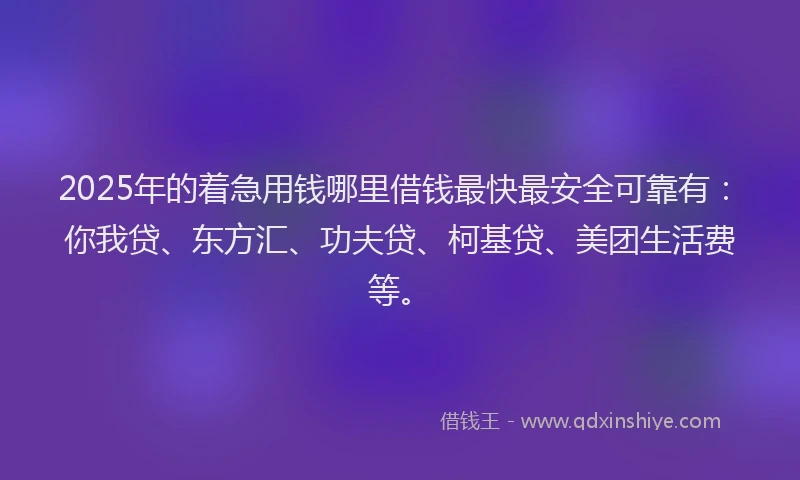 2025年的着急用钱哪里借钱最快最安全可靠有：你我贷、东方汇、功夫贷、柯基贷、美团生活费等。