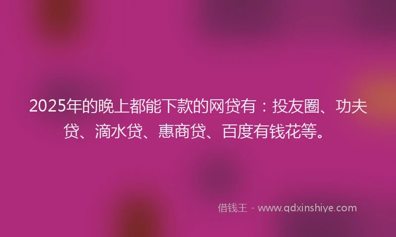 2025年的晚上都能下款的网贷有：投友圈、功夫贷、滴水贷、惠商贷、百度有钱花等。