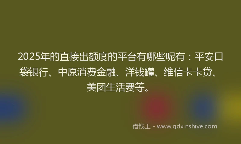 2025年的直接出额度的平台有哪些呢有：平安口袋银行、中原消费金融、洋钱罐、维信卡卡贷、美团生活费等。