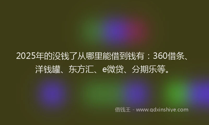 2025年的没钱了从哪里能借到钱有：360借条、洋钱罐、东方汇、e微贷、分期乐等。