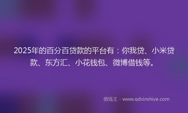 2025年的百分百贷款的平台有：你我贷、小米贷款、东方汇、小花钱包、微博借钱等。