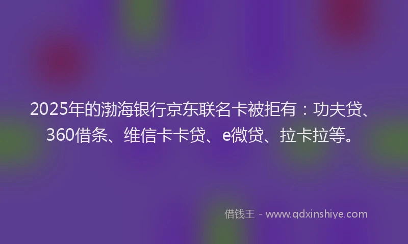 2025年的渤海银行京东联名卡被拒有：功夫贷、360借条、维信卡卡贷、e微贷、拉卡拉等。