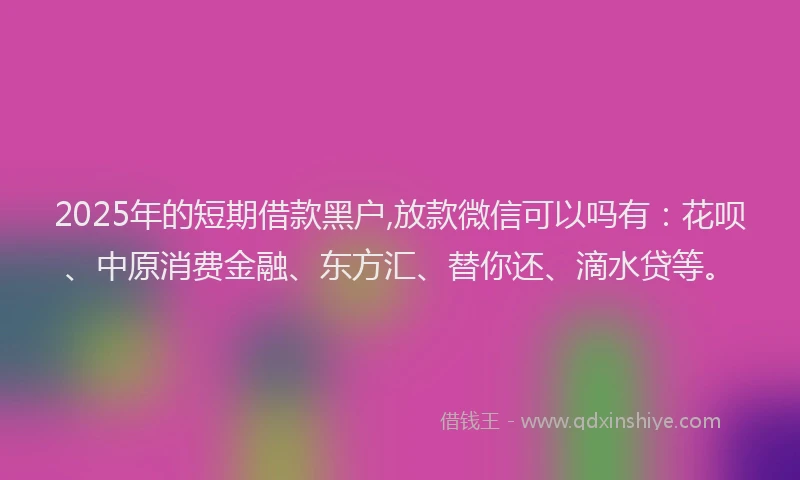 2025年的短期借款黑户,放款微信可以吗有：花呗、中原消费金融、东方汇、替你还、滴水贷等。