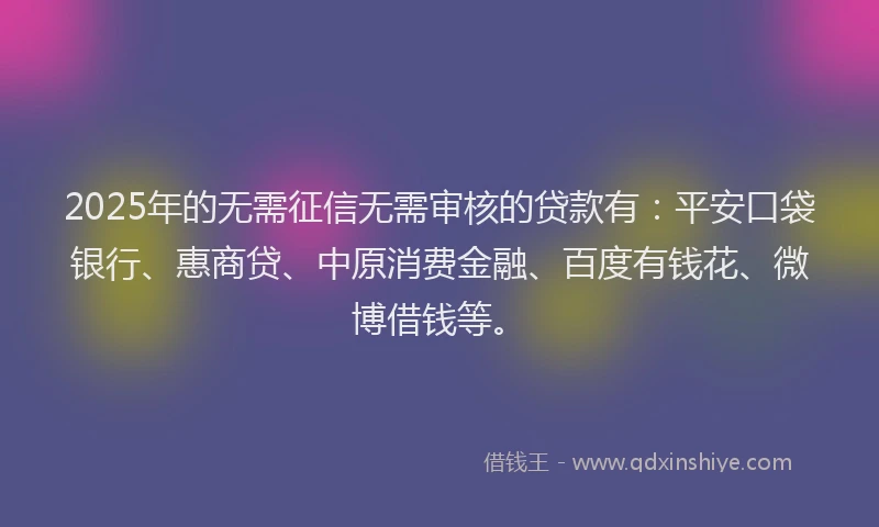 2025年的无需征信无需审核的贷款有：平安口袋银行、惠商贷、中原消费金融、百度有钱花、微博借钱等。