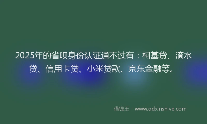 2025年的省呗身份认证通不过有：柯基贷、滴水贷、信用卡贷、小米贷款、京东金融等。