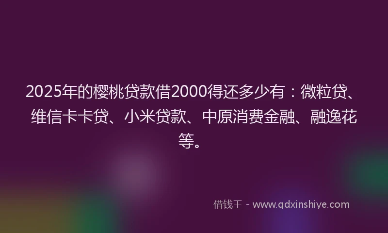 2025年的樱桃贷款借2000得还多少有：微粒贷、维信卡卡贷、小米贷款、中原消费金融、融逸花等。