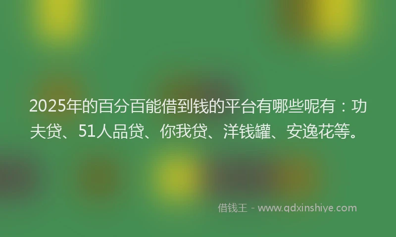 2025年的百分百能借到钱的平台有哪些呢有：功夫贷、51人品贷、你我贷、洋钱罐、安逸花等。