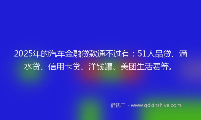 2025年的汽车金融贷款通不过有：51人品贷、滴水贷、信用卡贷、洋钱罐、美团生活费等。