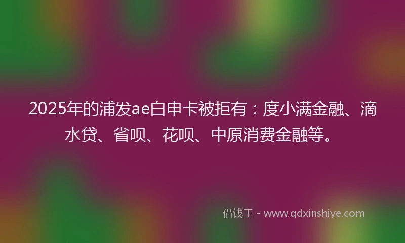 2025年的浦发ae白申卡被拒有：度小满金融、滴水贷、省呗、花呗、中原消费金融等。