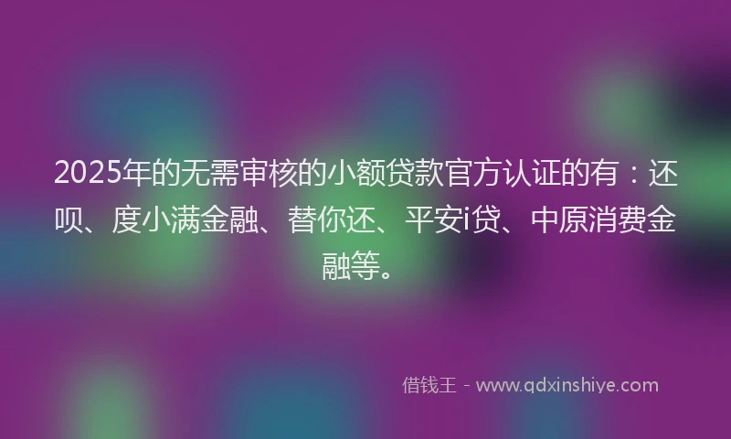 2025年的无需审核的小额贷款官方认证的有：还呗、度小满金融、替你还、平安i贷、中原消费金融等。