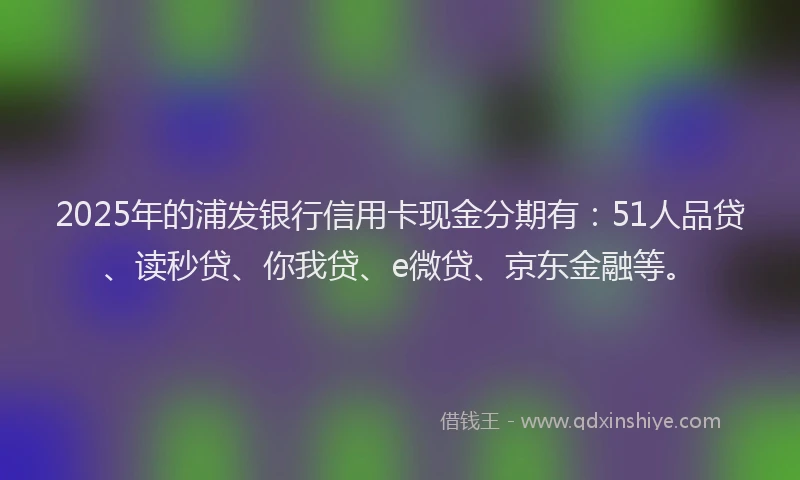 2025年的浦发银行信用卡现金分期有：51人品贷、读秒贷、你我贷、e微贷、京东金融等。