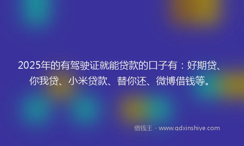 2025年的有驾驶证就能贷款的口子有：好期贷、你我贷、小米贷款、替你还、微博借钱等。