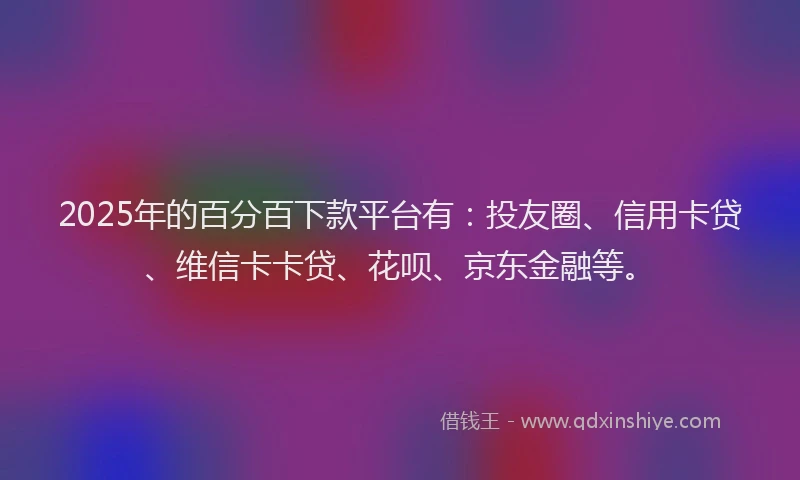 2025年的百分百下款平台有：投友圈、信用卡贷、维信卡卡贷、花呗、京东金融等。