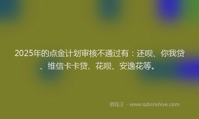 2025年的点金计划审核不通过有：还呗、你我贷、维信卡卡贷、花呗、安逸花等。