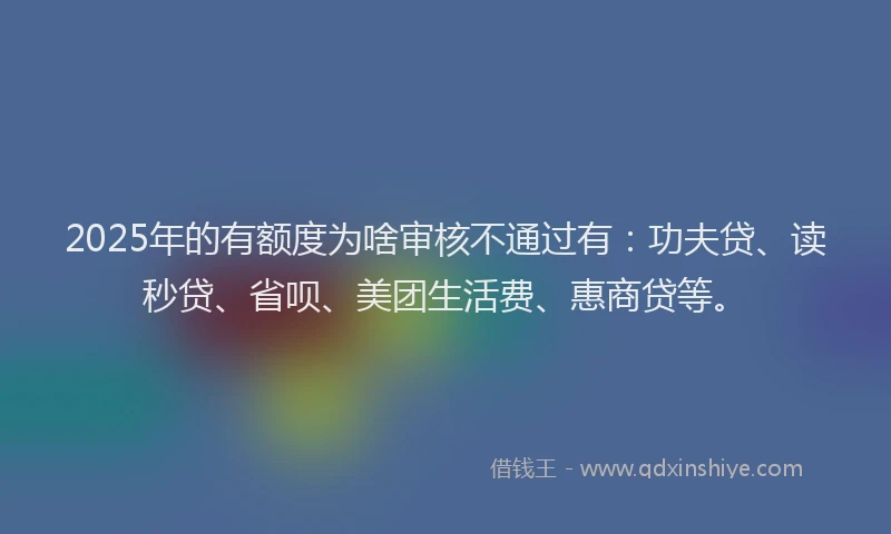 2025年的有额度为啥审核不通过有：功夫贷、读秒贷、省呗、美团生活费、惠商贷等。