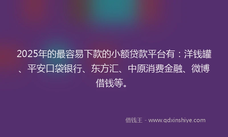 2025年的最容易下款的小额贷款平台有：洋钱罐、平安口袋银行、东方汇、中原消费金融、微博借钱等。