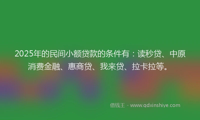2025年的民间小额贷款的条件有：读秒贷、中原消费金融、惠商贷、我来贷、拉卡拉等。