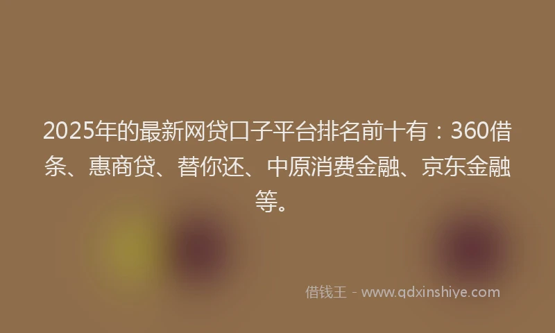 2025年的最新网贷口子平台排名前十有：360借条、惠商贷、替你还、中原消费金融、京东金融等。