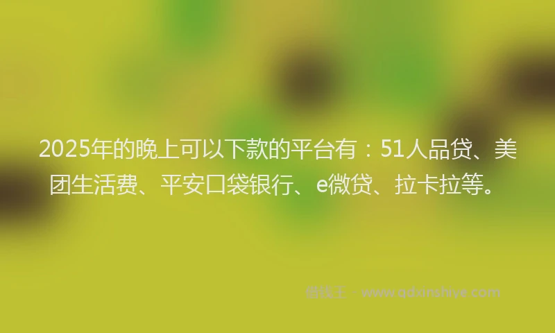 2025年的晚上可以下款的平台有：51人品贷、美团生活费、平安口袋银行、e微贷、拉卡拉等。