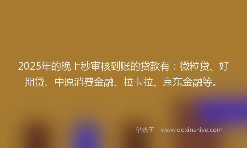 2025年的晚上秒审核到账的贷款有：微粒贷、好期贷、中原消费金融、拉卡拉、京东金融等。