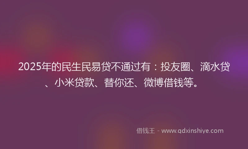 2025年的民生民易贷不通过有：投友圈、滴水贷、小米贷款、替你还、微博借钱等。