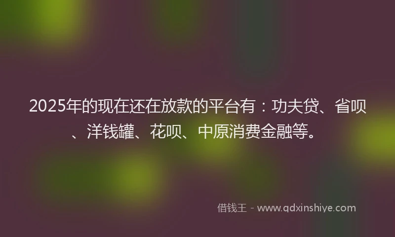 2025年的现在还在放款的平台有：功夫贷、省呗、洋钱罐、花呗、中原消费金融等。