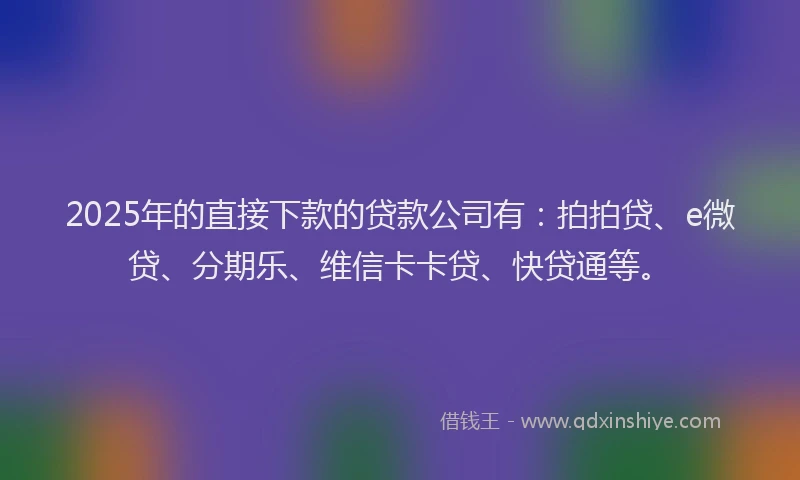 2025年的直接下款的贷款公司有：拍拍贷、e微贷、分期乐、维信卡卡贷、快贷通等。