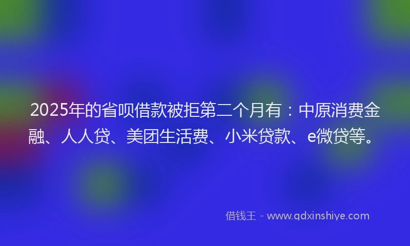 2025年的省呗借款被拒第二个月有：中原消费金融、人人贷、美团生活费、小米贷款、e微贷等。