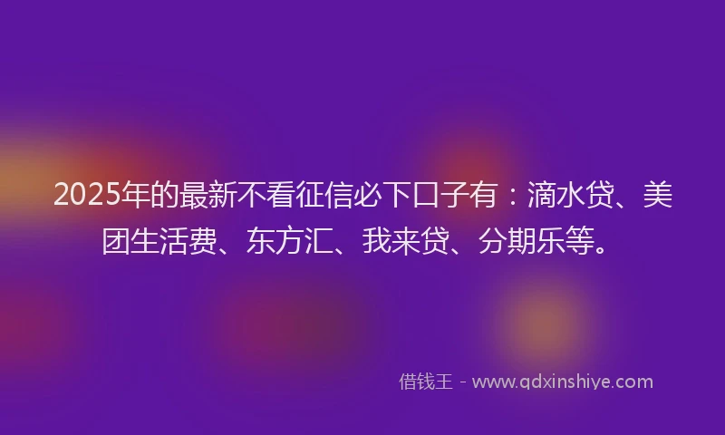 2025年的最新不看征信必下口子有：滴水贷、美团生活费、东方汇、我来贷、分期乐等。