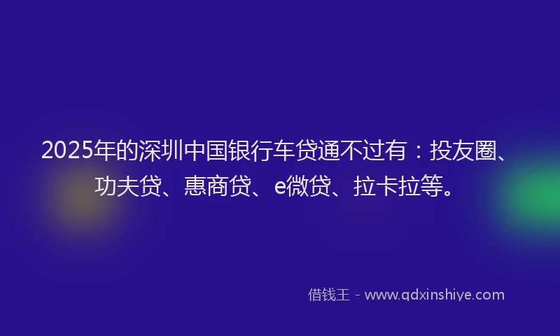 2025年的深圳中国银行车贷通不过有：投友圈、功夫贷、惠商贷、e微贷、拉卡拉等。