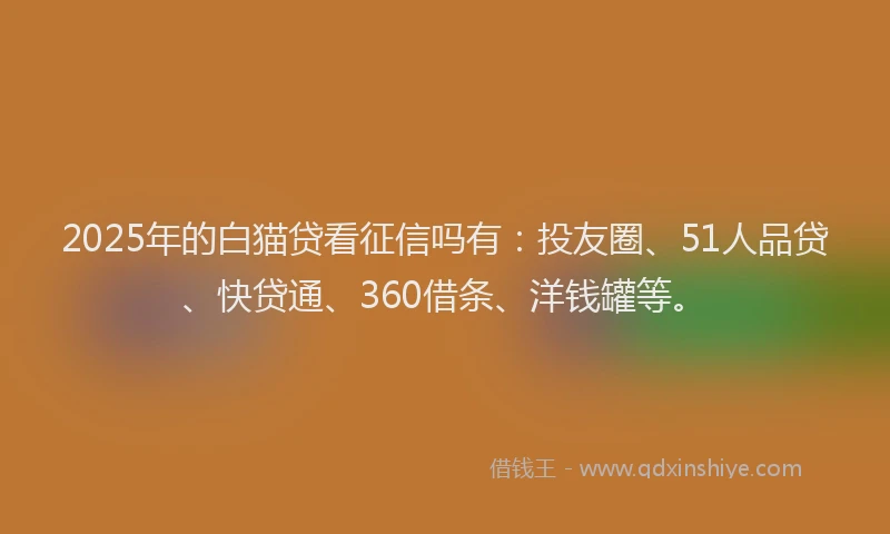2025年的白猫贷看征信吗有：投友圈、51人品贷、快贷通、360借条、洋钱罐等。