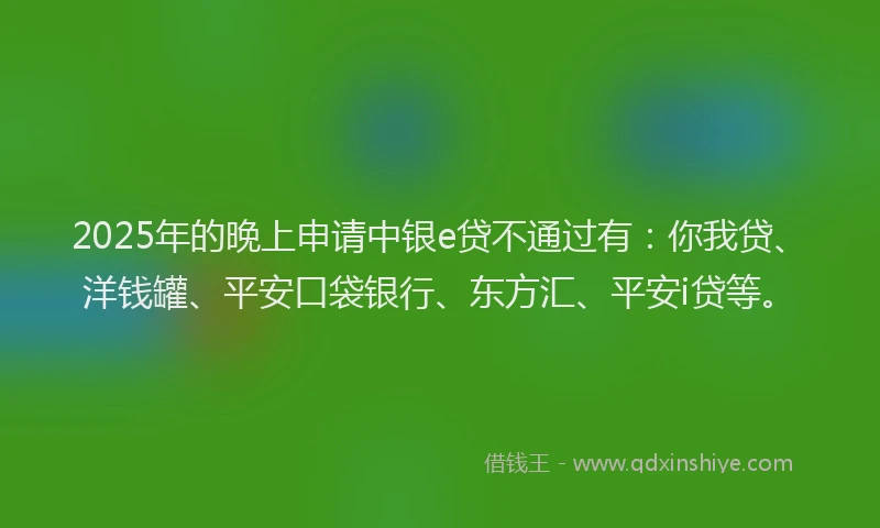 2025年的晚上申请中银e贷不通过有：你我贷、洋钱罐、平安口袋银行、东方汇、平安i贷等。