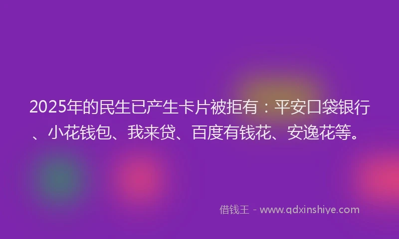 2025年的民生已产生卡片被拒有：平安口袋银行、小花钱包、我来贷、百度有钱花、安逸花等。