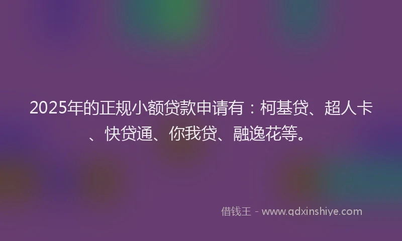 2025年的正规小额贷款申请有：柯基贷、超人卡、快贷通、你我贷、融逸花等。