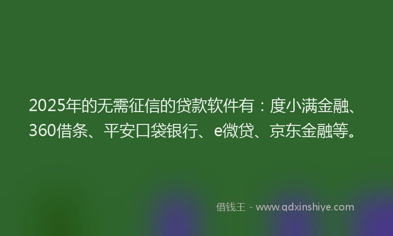 2025年的无需征信的贷款软件有：度小满金融、360借条、平安口袋银行、e微贷、京东金融等。