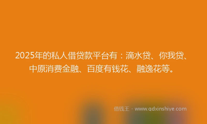 2025年的私人借贷款平台有：滴水贷、你我贷、中原消费金融、百度有钱花、融逸花等。