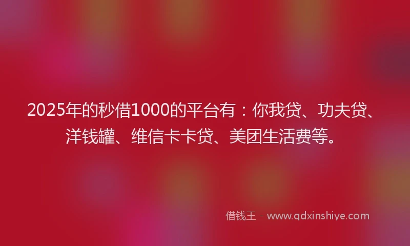 2025年的秒借1000的平台有：你我贷、功夫贷、洋钱罐、维信卡卡贷、美团生活费等。