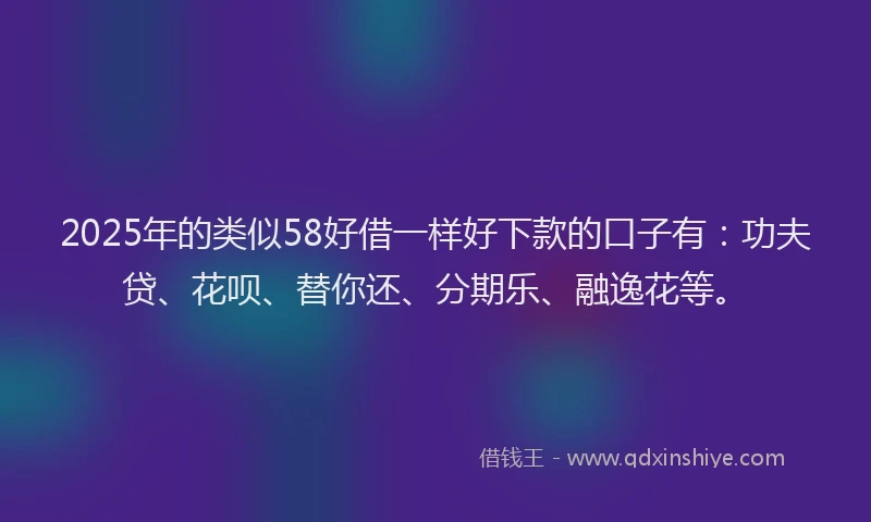 2025年的类似58好借一样好下款的口子有：功夫贷、花呗、替你还、分期乐、融逸花等。