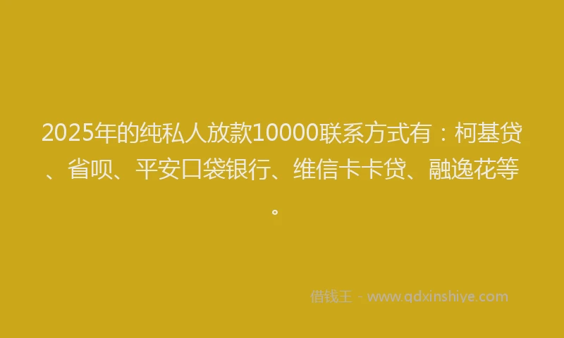 2025年的纯私人放款10000联系方式有：柯基贷、省呗、平安口袋银行、维信卡卡贷、融逸花等。