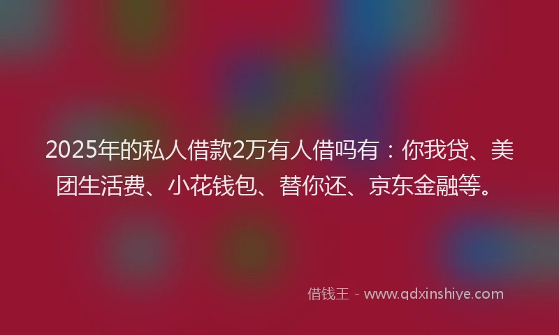 2025年的私人借款2万有人借吗有：你我贷、美团生活费、小花钱包、替你还、京东金融等。