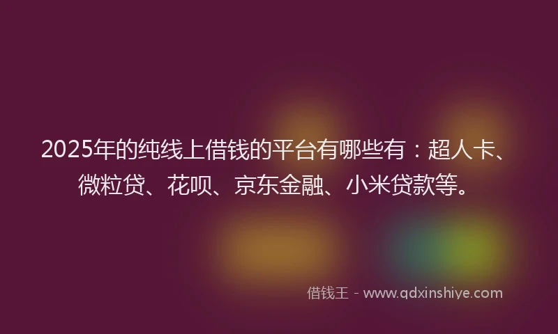 2025年的纯线上借钱的平台有哪些有：超人卡、微粒贷、花呗、京东金融、小米贷款等。