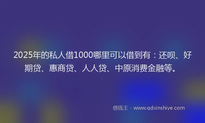 2025年的私人借1000哪里可以借到有：还呗、好期贷、惠商贷、人人贷、中原消费金融等。