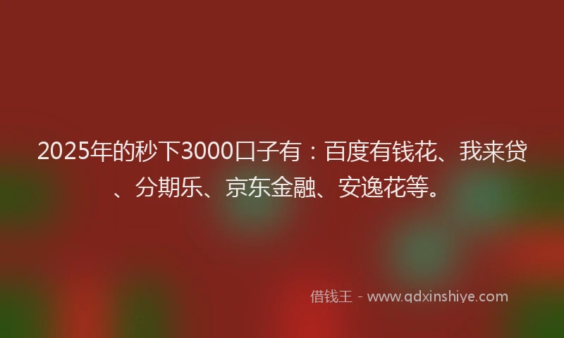 2025年的秒下3000口子有：百度有钱花、我来贷、分期乐、京东金融、安逸花等。