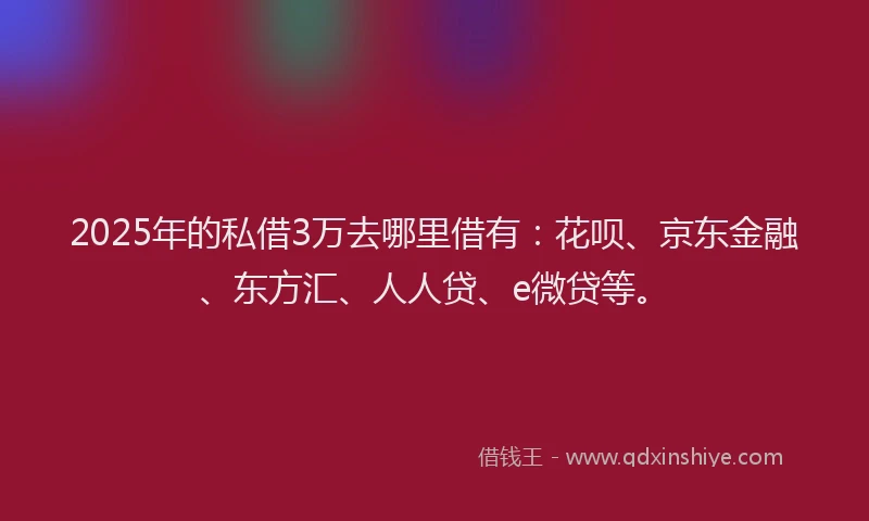 2025年的私借3万去哪里借有：花呗、京东金融、东方汇、人人贷、e微贷等。